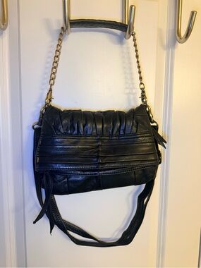 Monserat De Lucca Black Leather Ruched Crossbody with Gold Chain